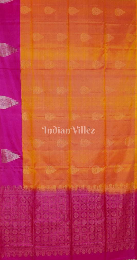 Golden With Pink Pure Kanjivaram Soft Silk Saree