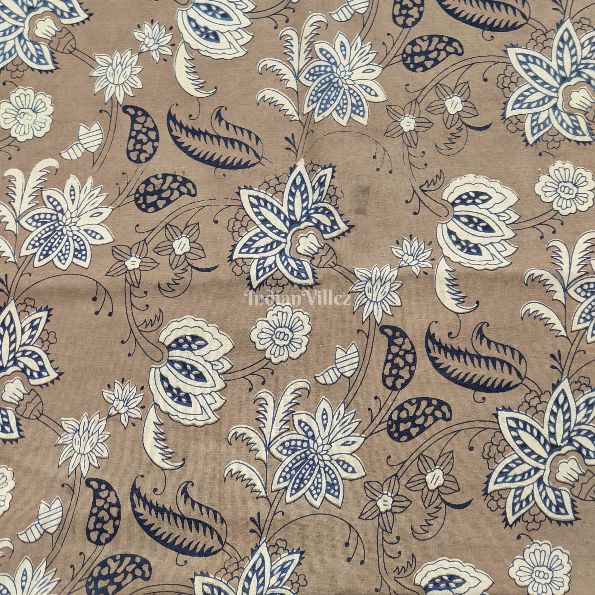 Khaki Brown Floral Hand Block Printed Cotton Fabric