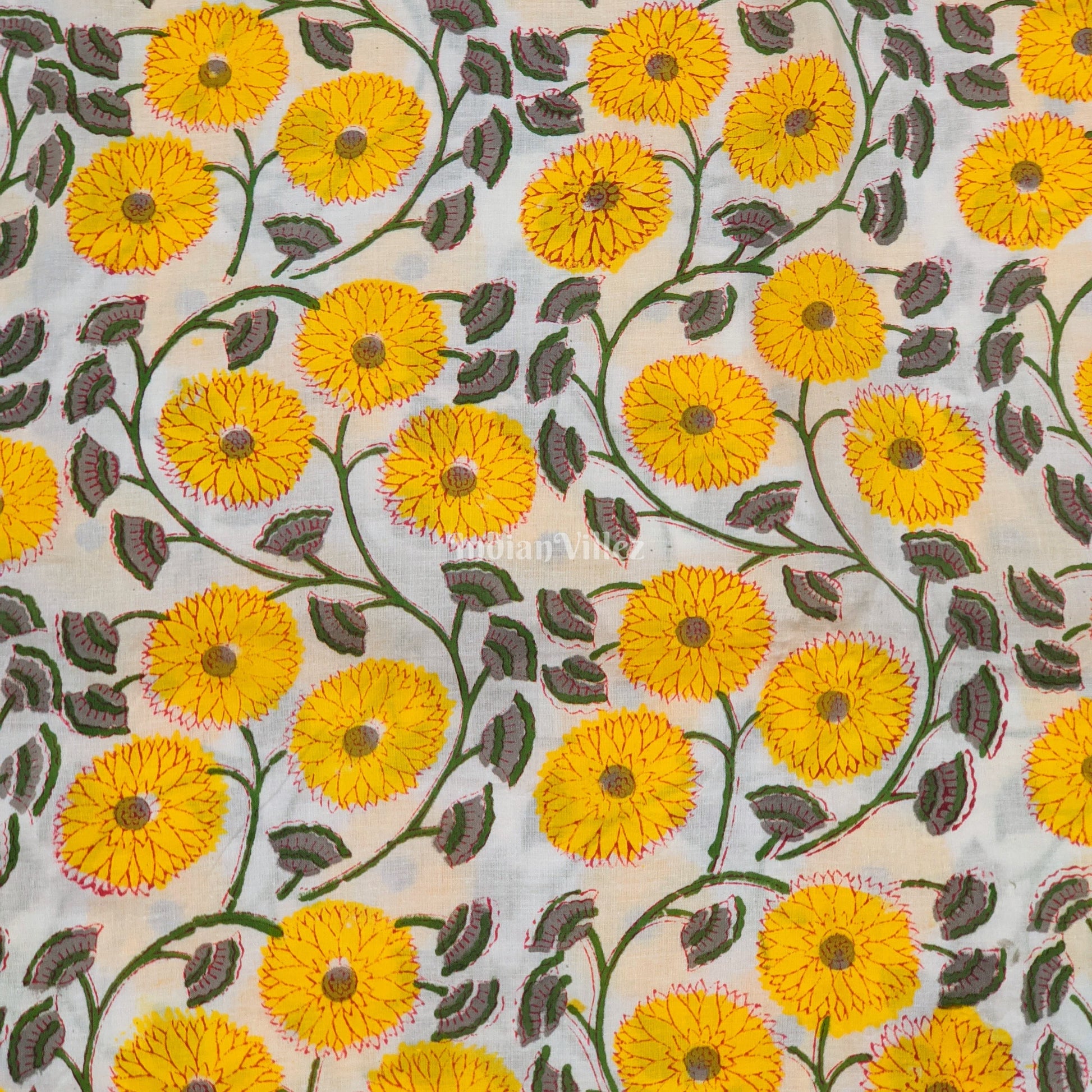 Yellow Flower Motif Hand Block Printed Cotton Fabric