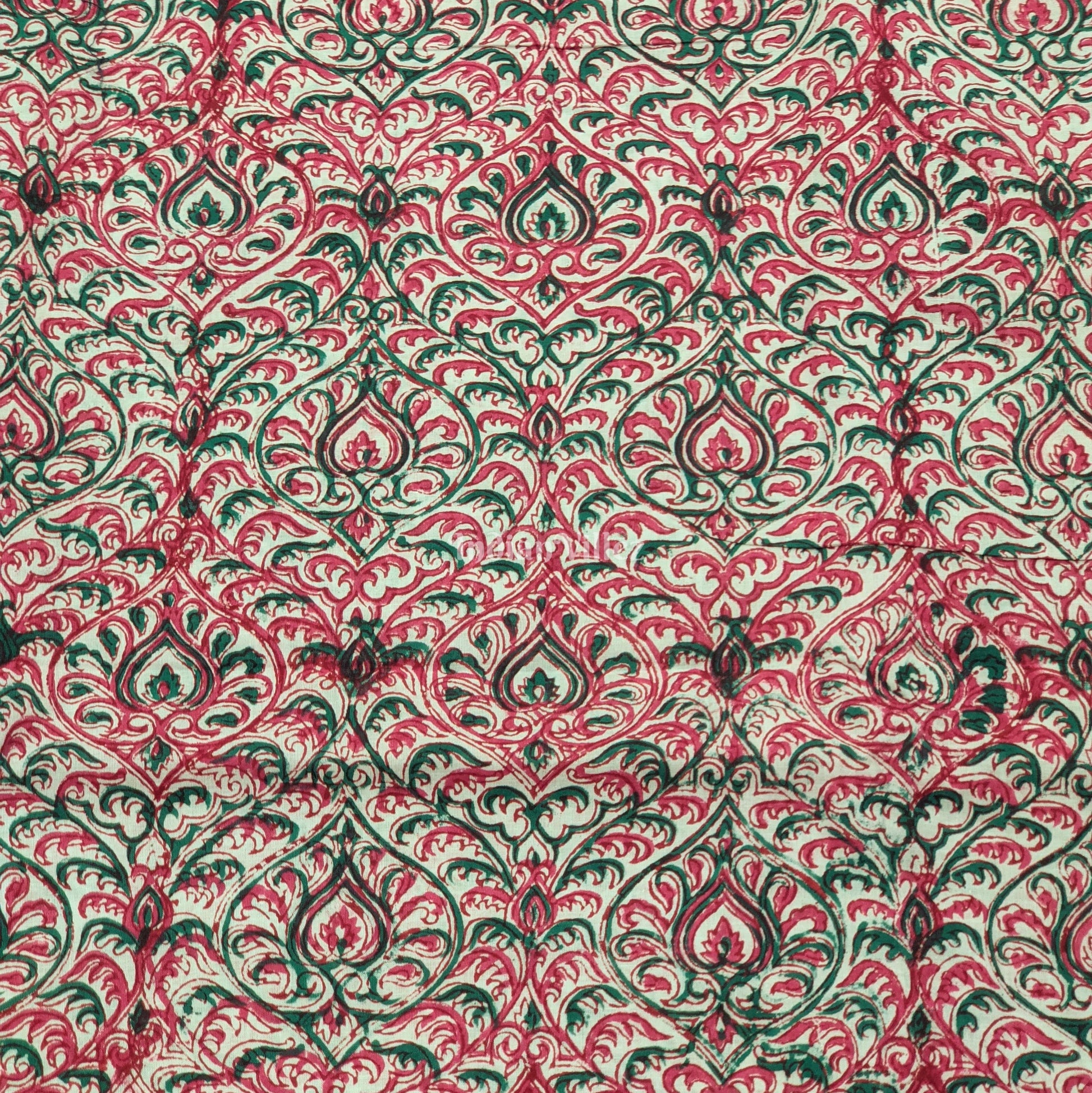 Green Pink Floral Hand Block Printed Cotton Fabric