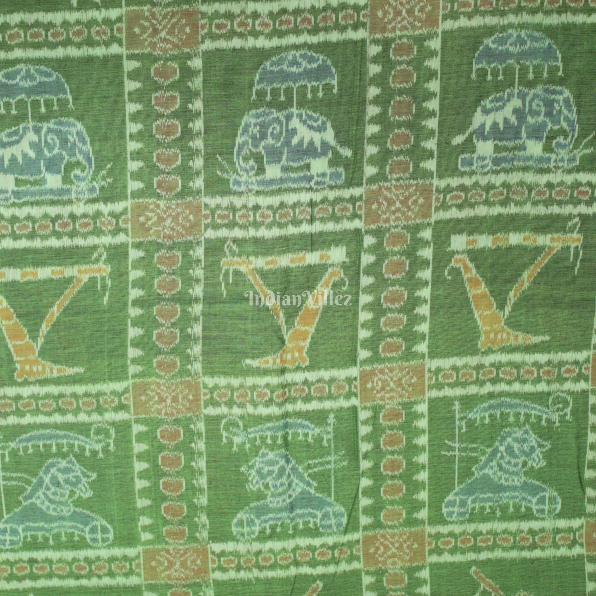 Green Elephant Design Sambalpuri Ikat Cotton Fabric