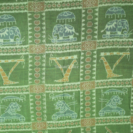 Green Elephant Design Sambalpuri Ikat Cotton Fabric