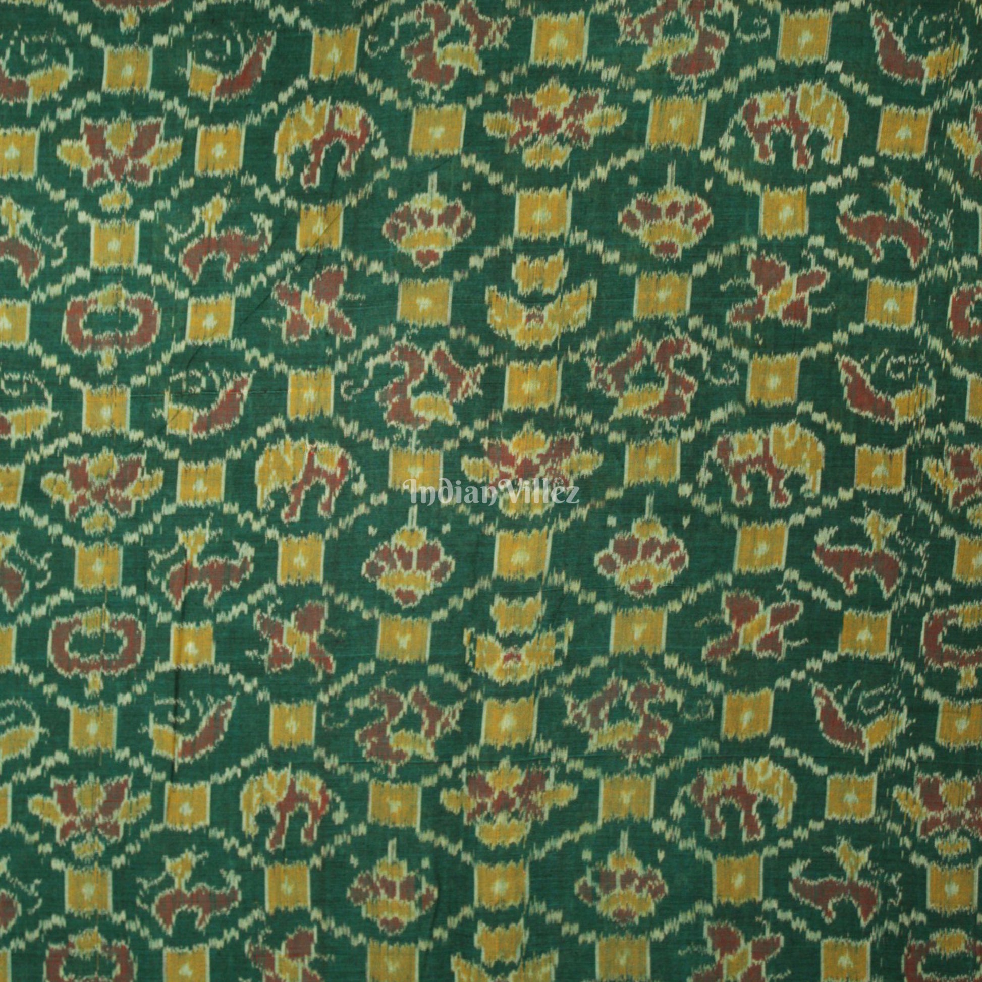 Green Mix Color Elephant Design Sambalpuri Ikat Cotton Fabric