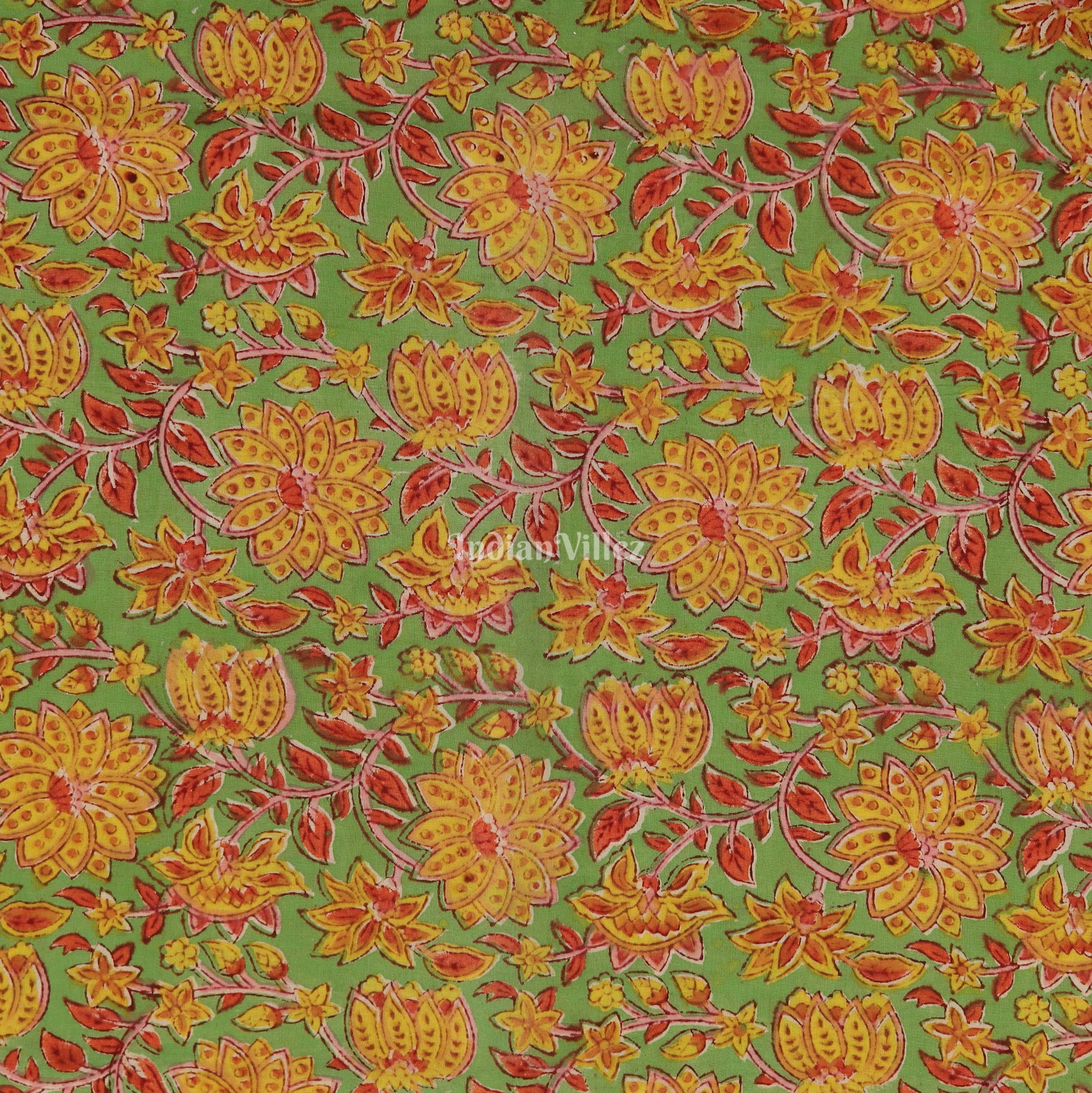 Yellow Green Floral Hand Block Printed Cotton Fabric