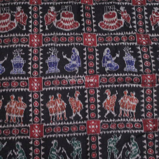 Black Villege Theme Sambalpuri Ikat Cotton Fabric