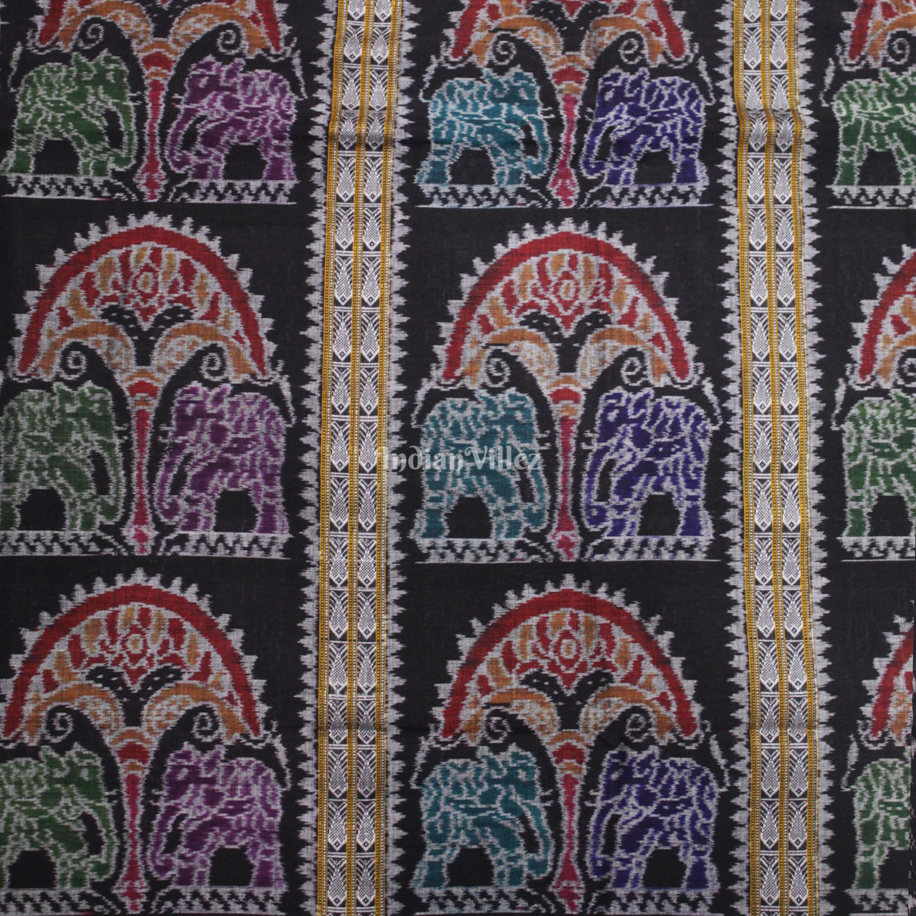 Black Elephant Design With Fish Motif Sambalpuri Ikat Cotton Fabric