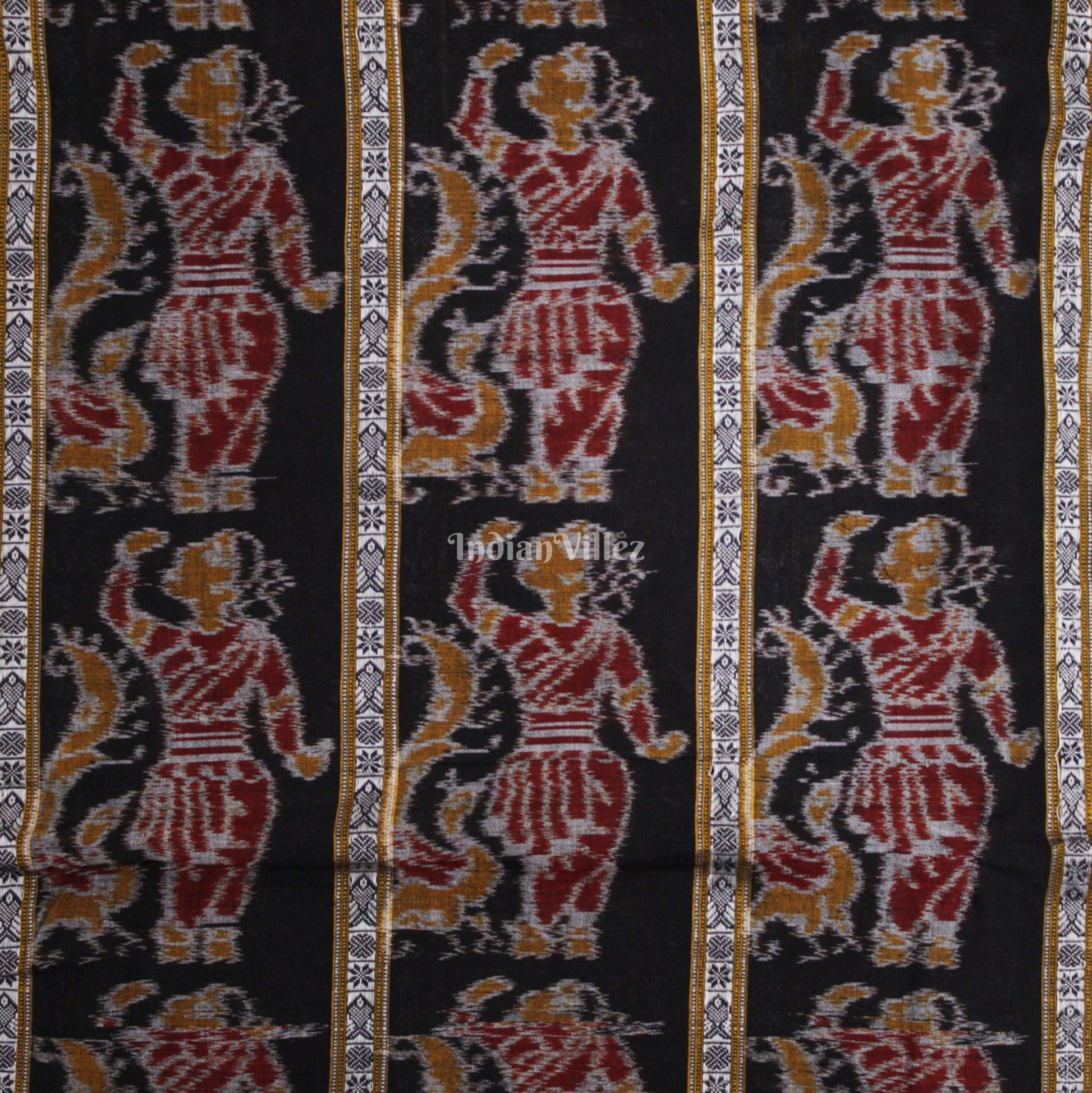 Black Nartaki With Fish Motif Sambalpuri Ikat Cotton Fabric