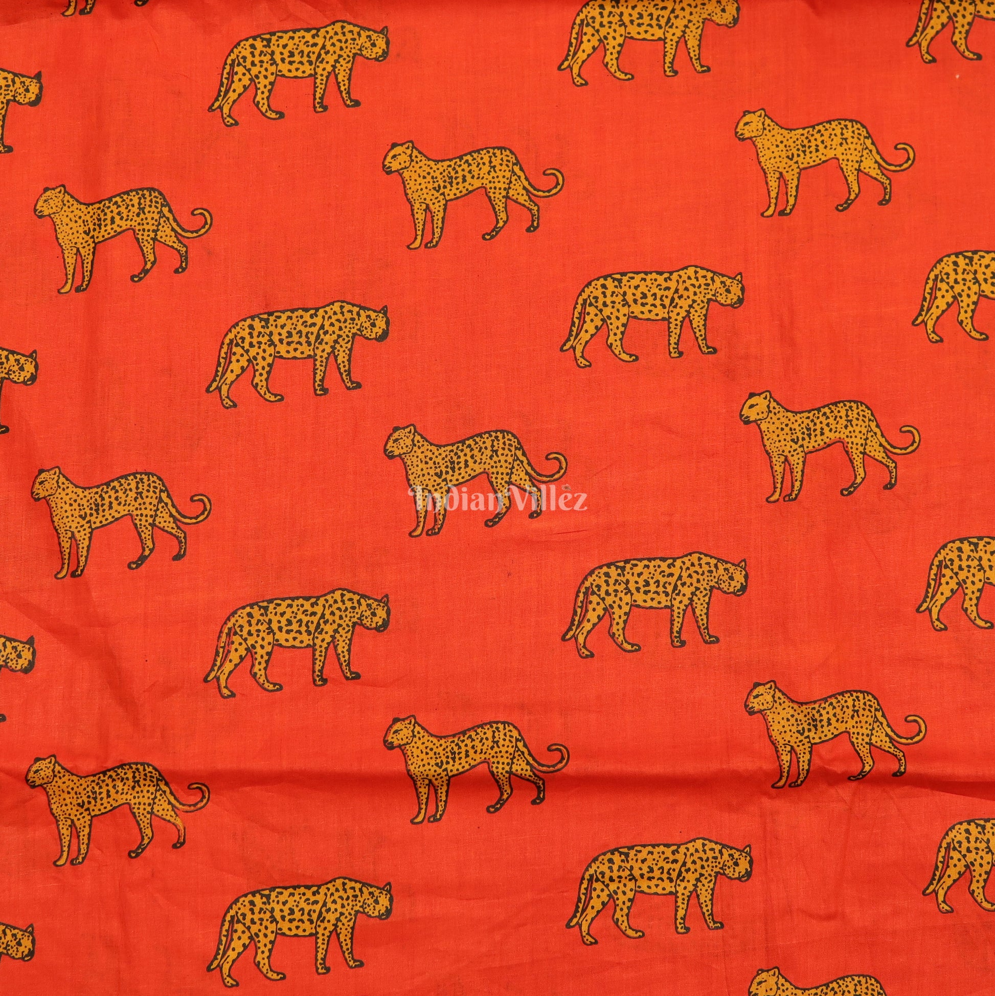 Red Orange Cheetah Theme Hand Block Printed Cotton Fabric