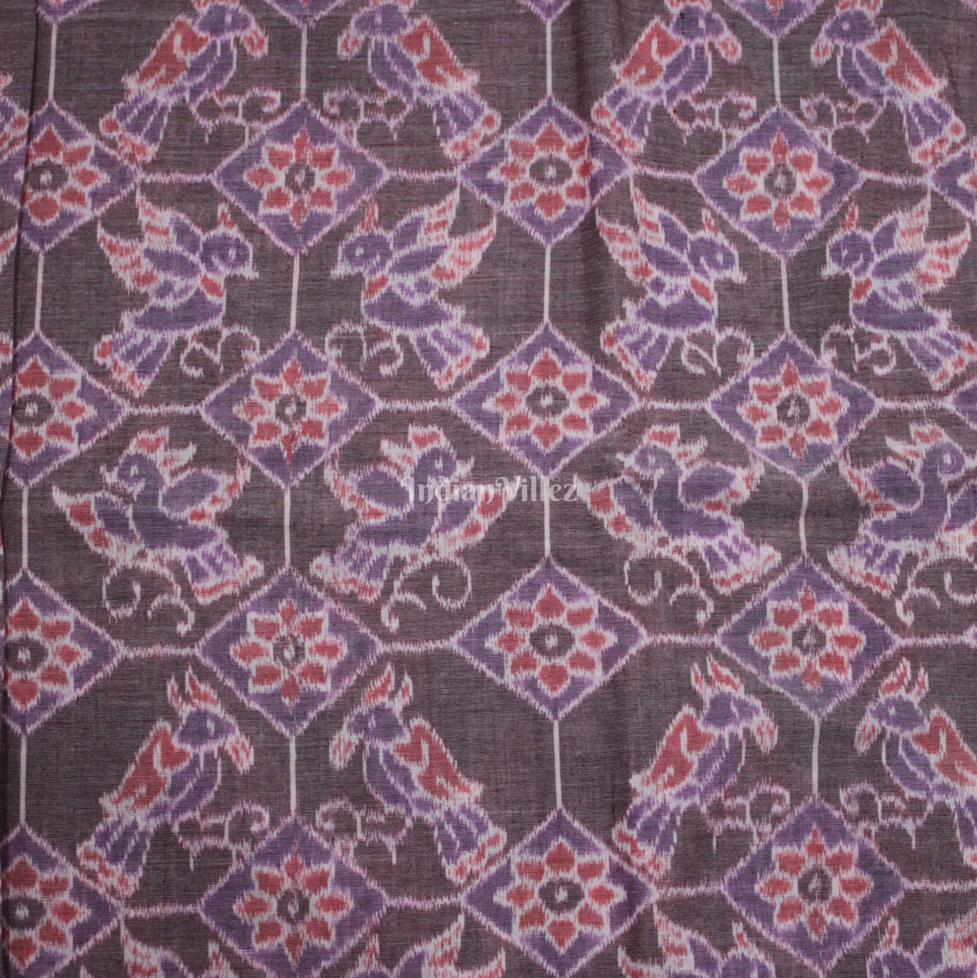 Peach Blue Bird Design Sambalpuri Ikat Cotton Fabric