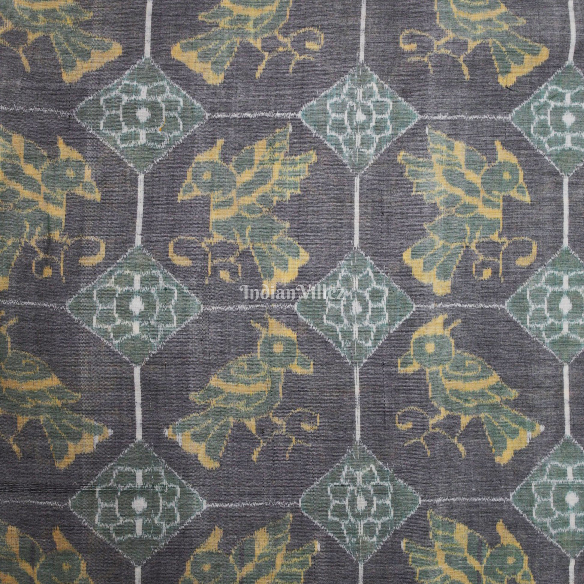 Green Yellow Bird Design Sambalpuri Ikat Cotton Fabric