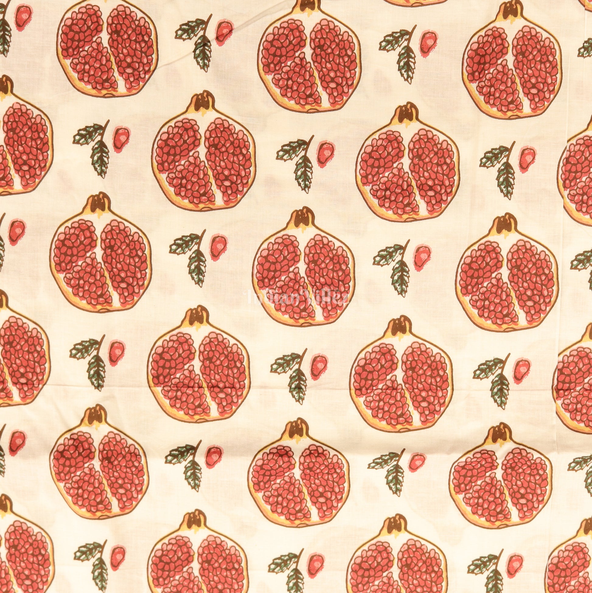 White Red Pomegranate Theme Hand Block Printed Cotton Fabric