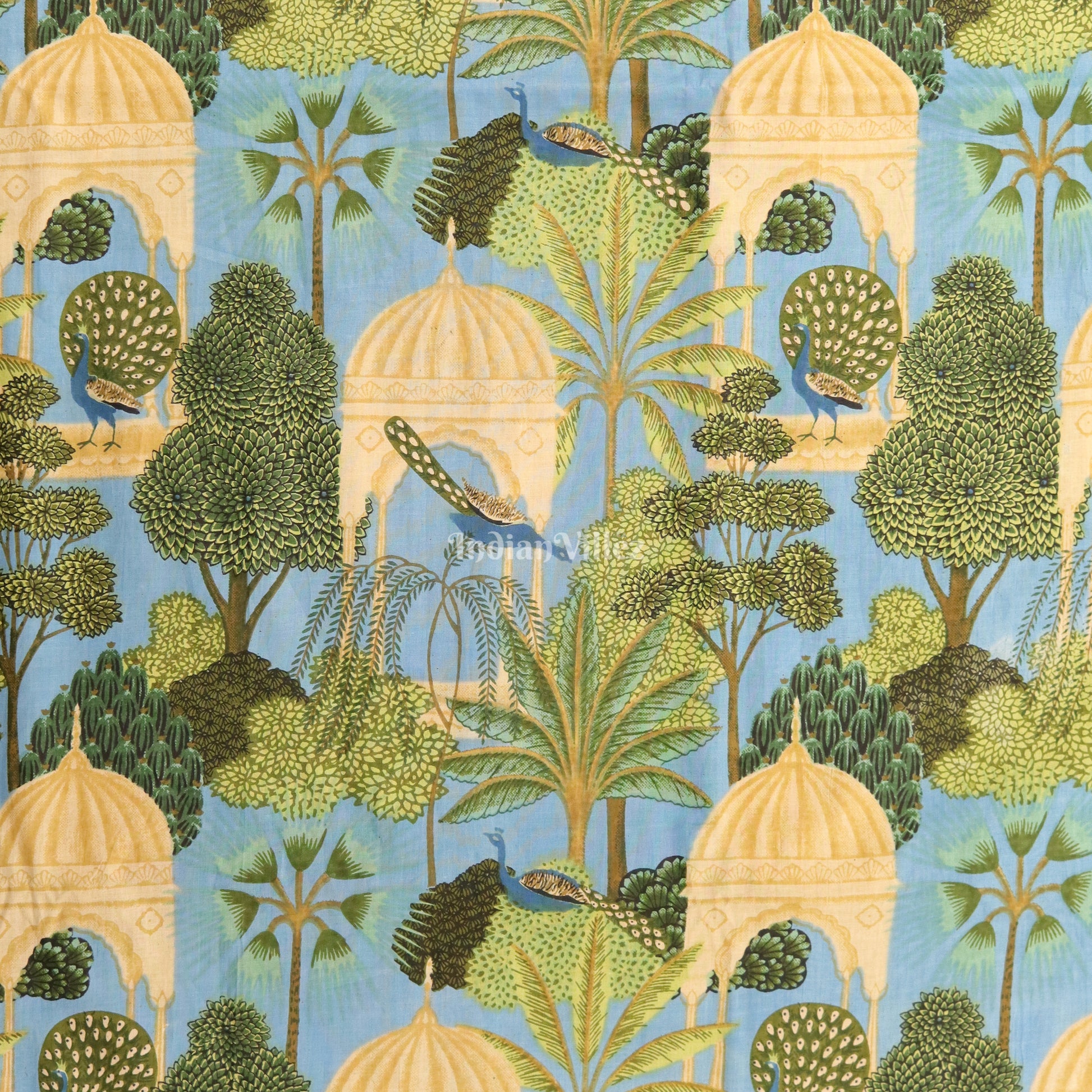 Sky Green Tree Theme Hand Block Printed Cotton Fabric