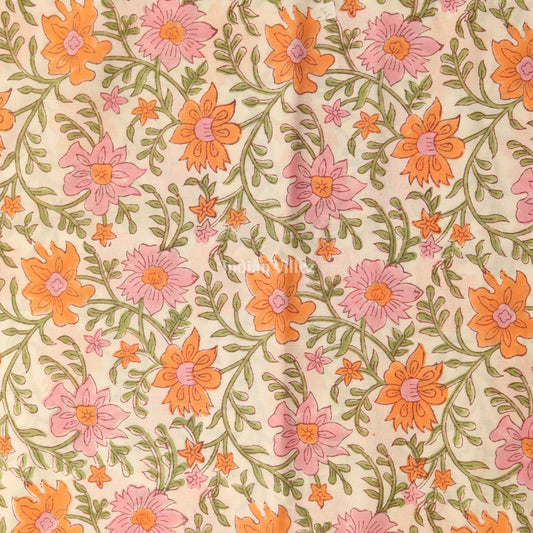 Pink White Flower Motif Hand Block Printed Cotton Fabric