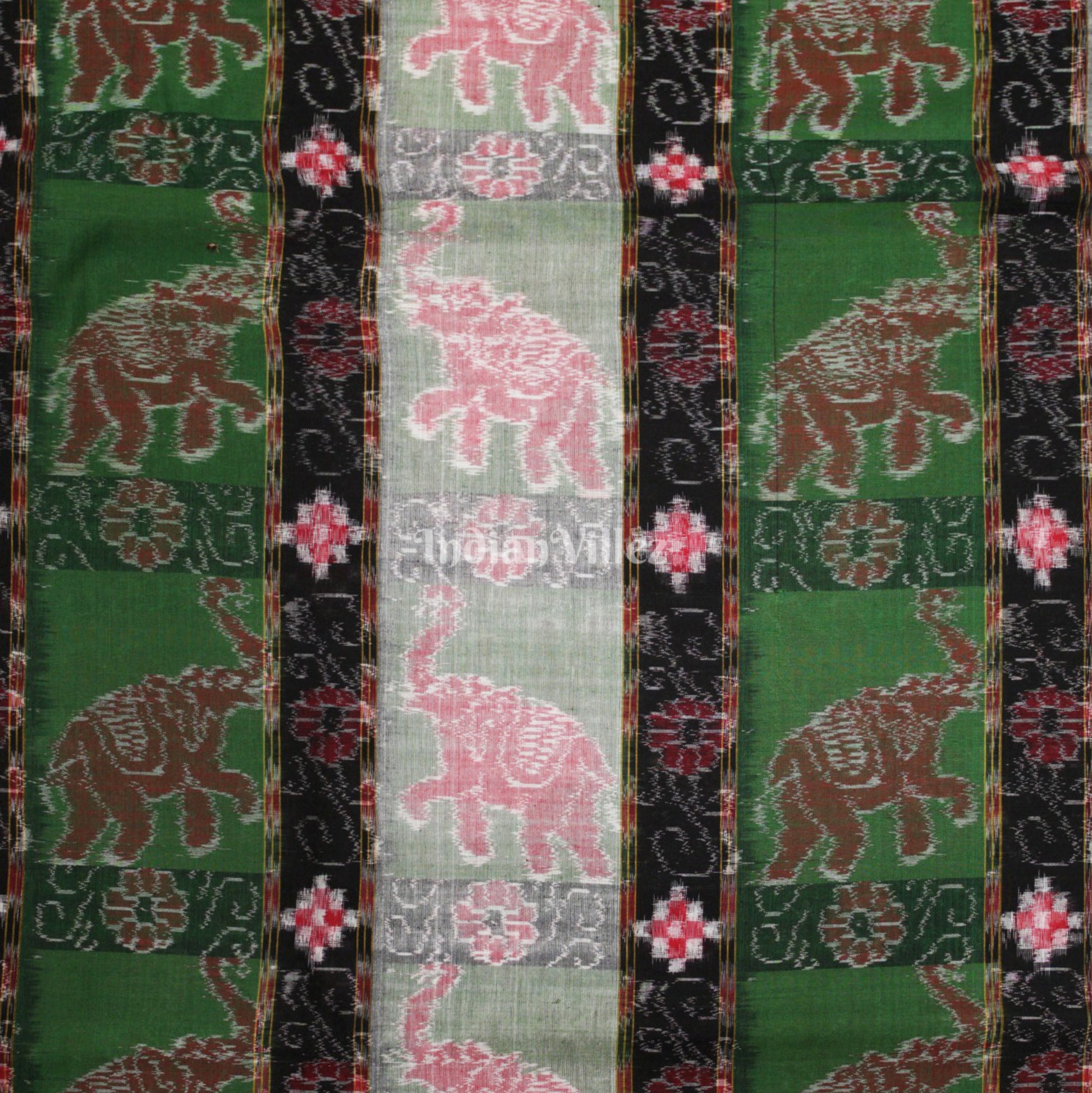 Green With Black Stripe Elephant Design Sambalpuri Ikat Cotton Fabric