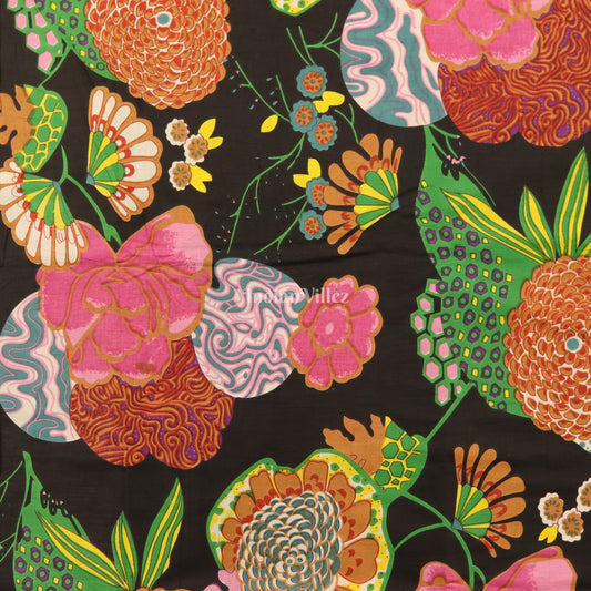 Black Multicolor Flower Motif Hand Block Printed Cotton Fabric