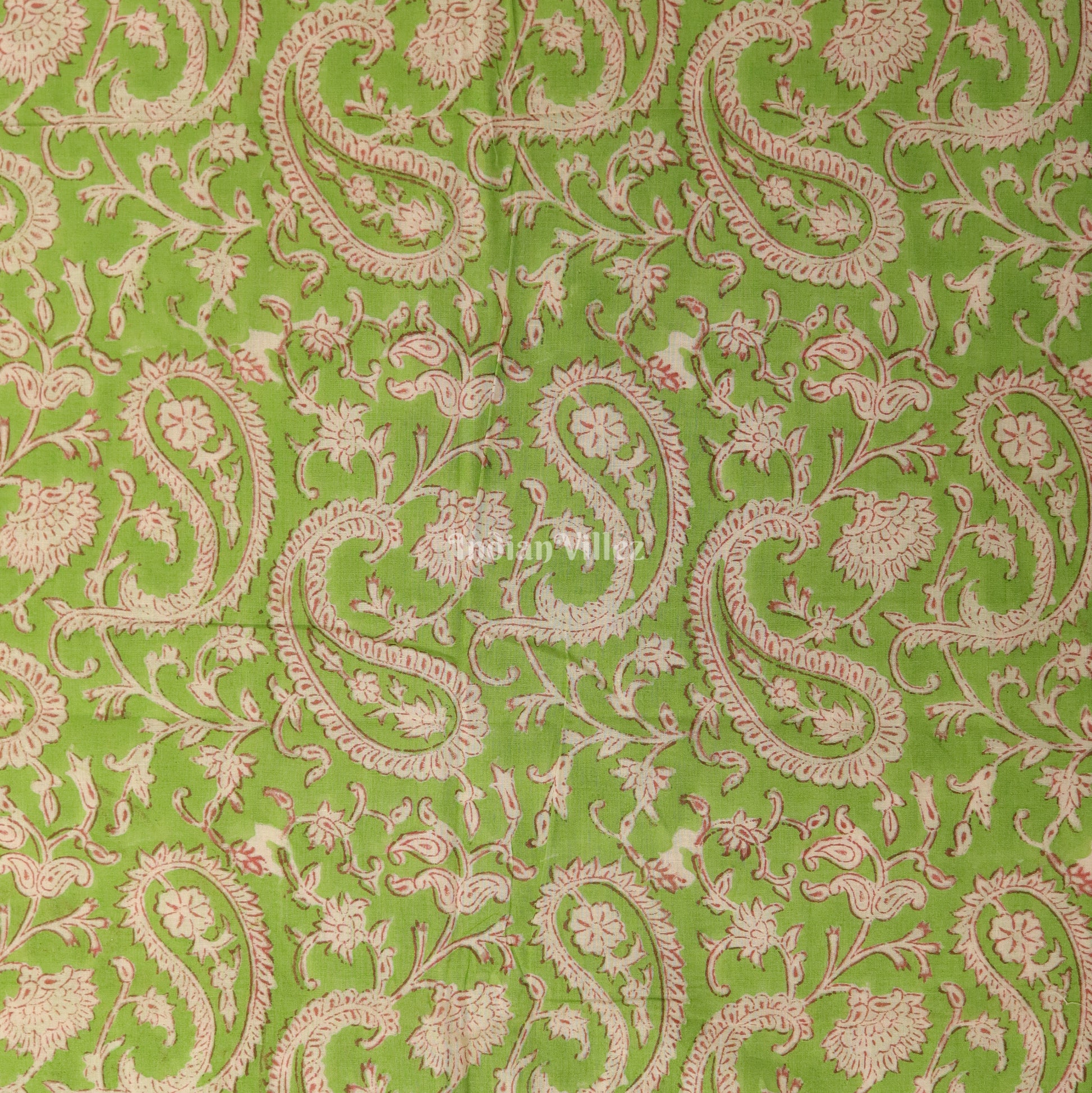 Green Floral Hand Block Printed Cotton Fabric