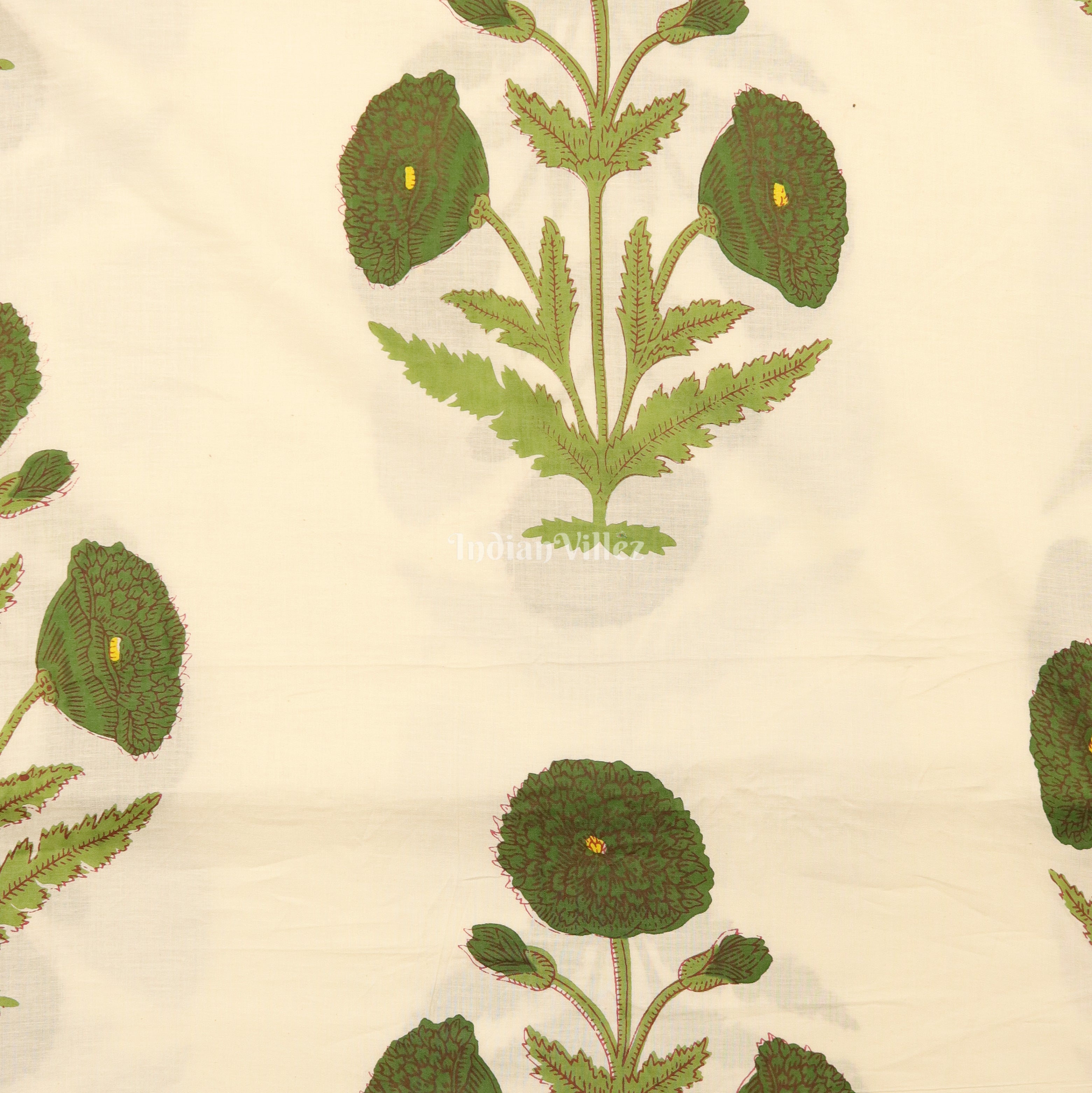 White Green Flower Motif Hand Block Printed Cotton Fabric