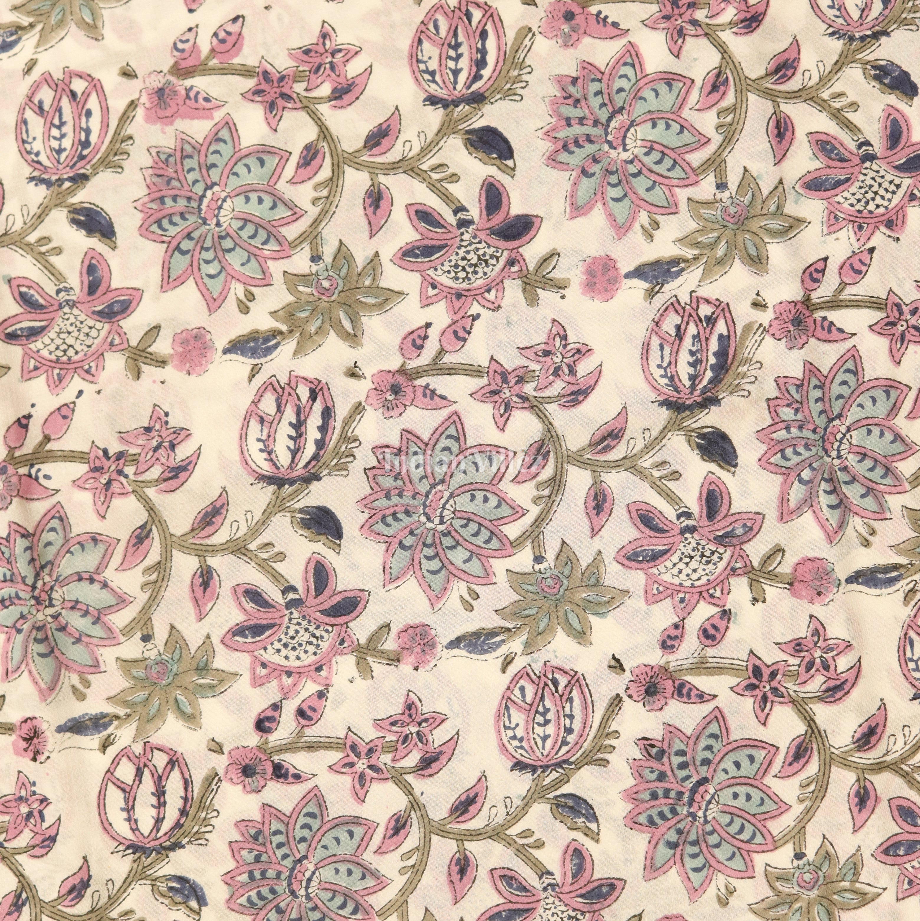 White Pink Flower Motif Hand Block Printed Cotton Fabric