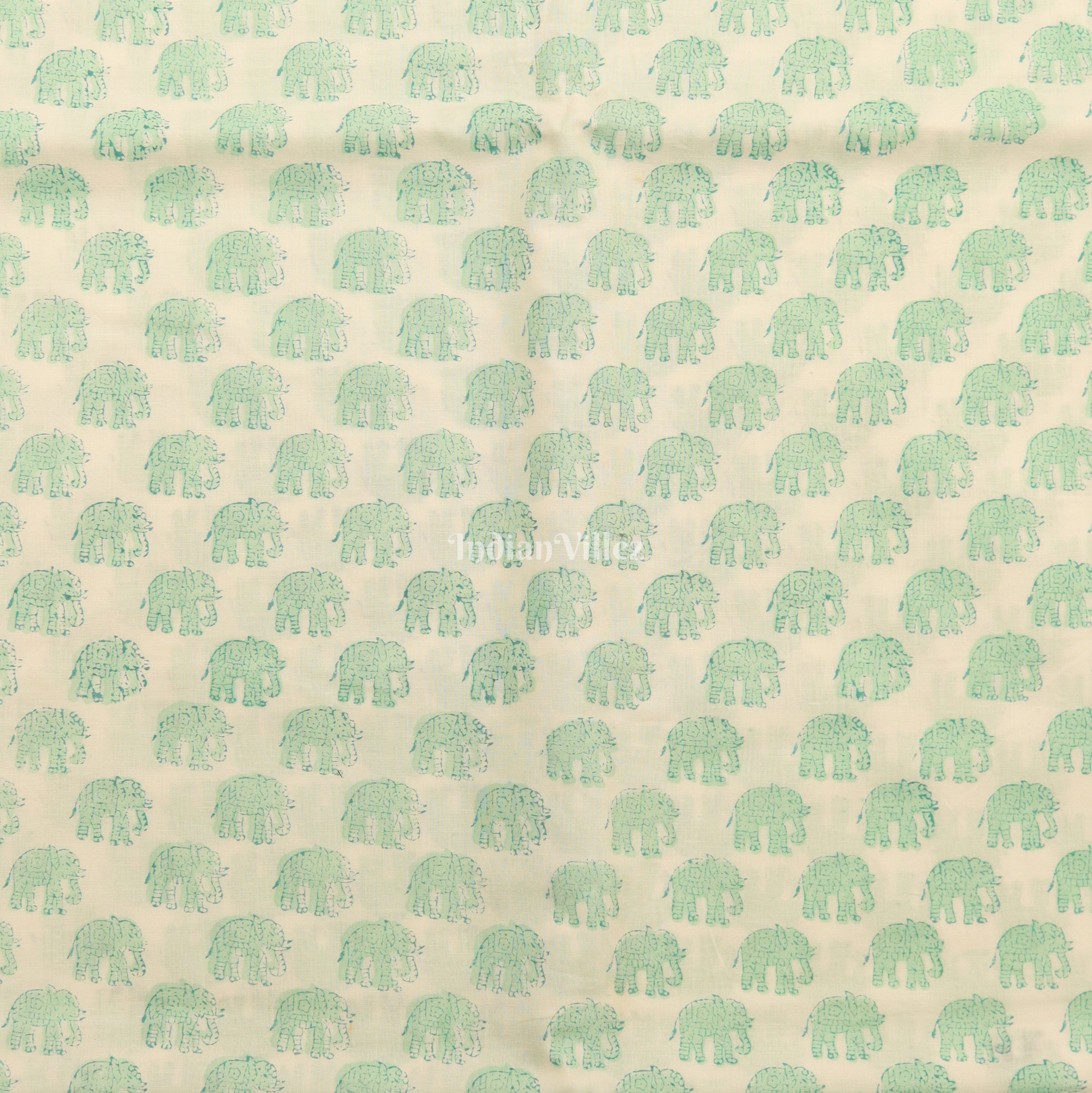 White Green Elephant Hand Block Printed Cotton Fabric