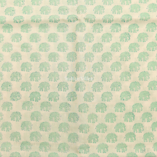 White Green Elephant Hand Block Printed Cotton Fabric