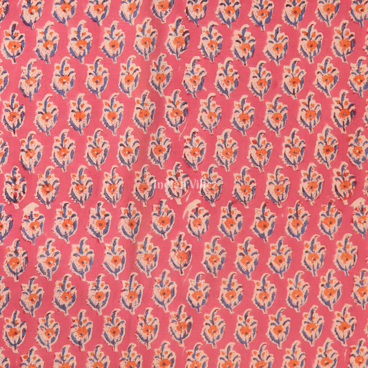 Pink Flower Motif Hand Block Printed Cotton Fabric