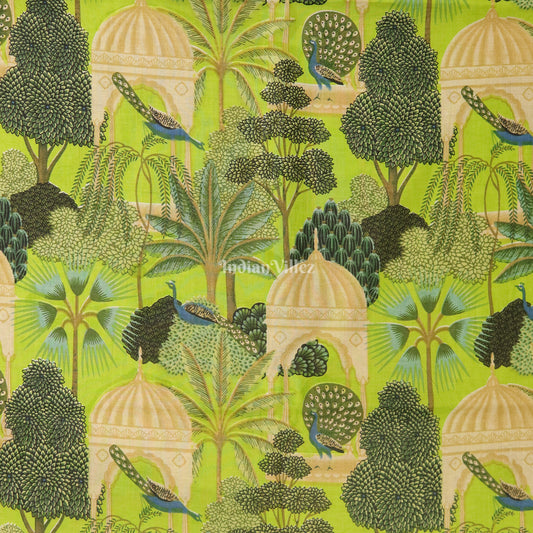 Green Tree Theme Hand Block Printed Cotton Fabric