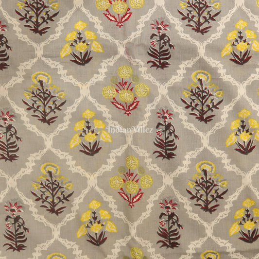 Gray Flower Motif Hand Block Printed Cotton Fabric