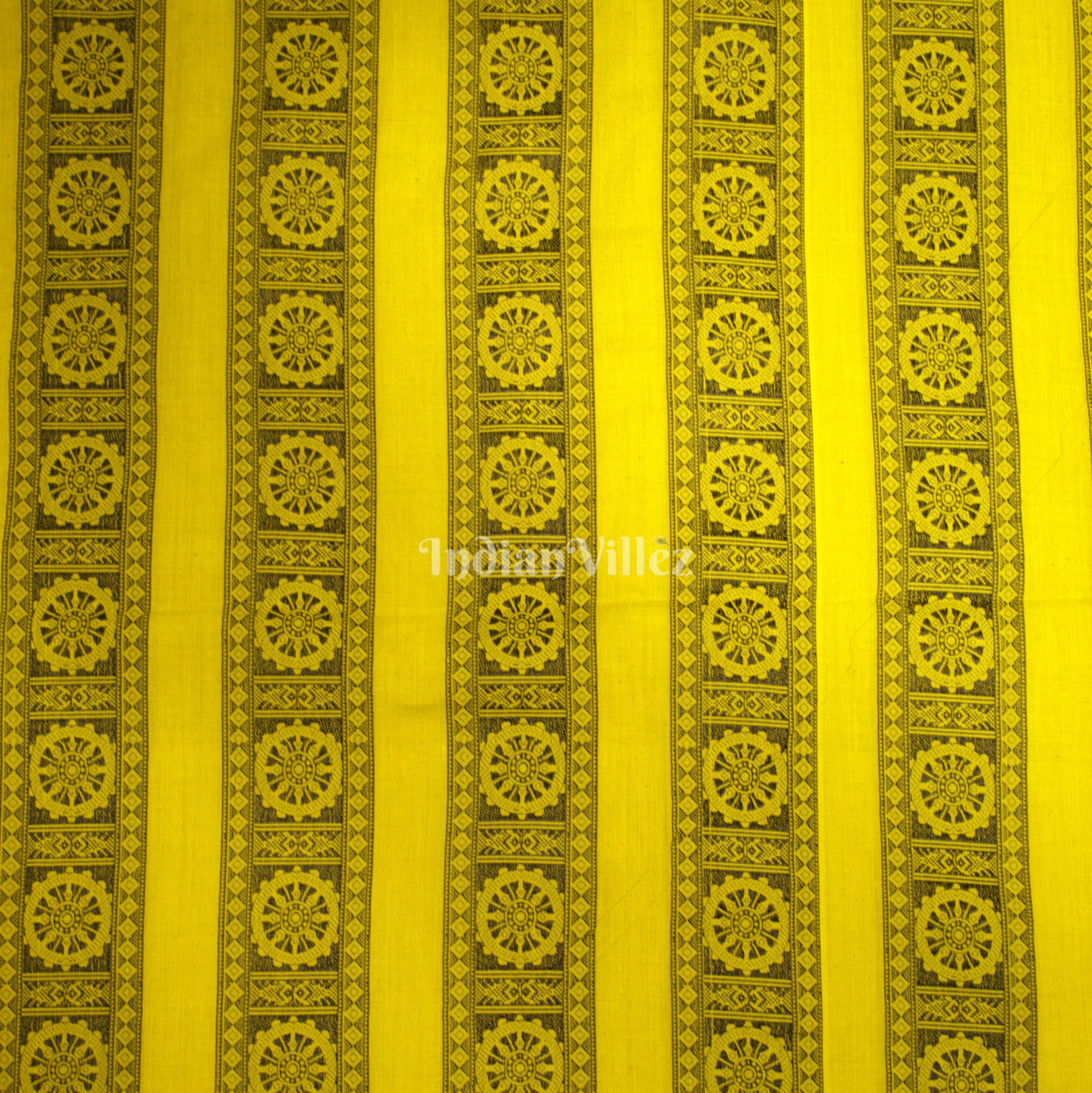 Lemmon Yellow Konark Chakra Theme Odisha Ikat Cotton Fabric