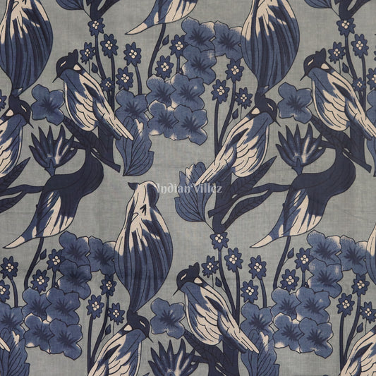 Blue Bird Theme Hand Block Printed Cotton Fabric