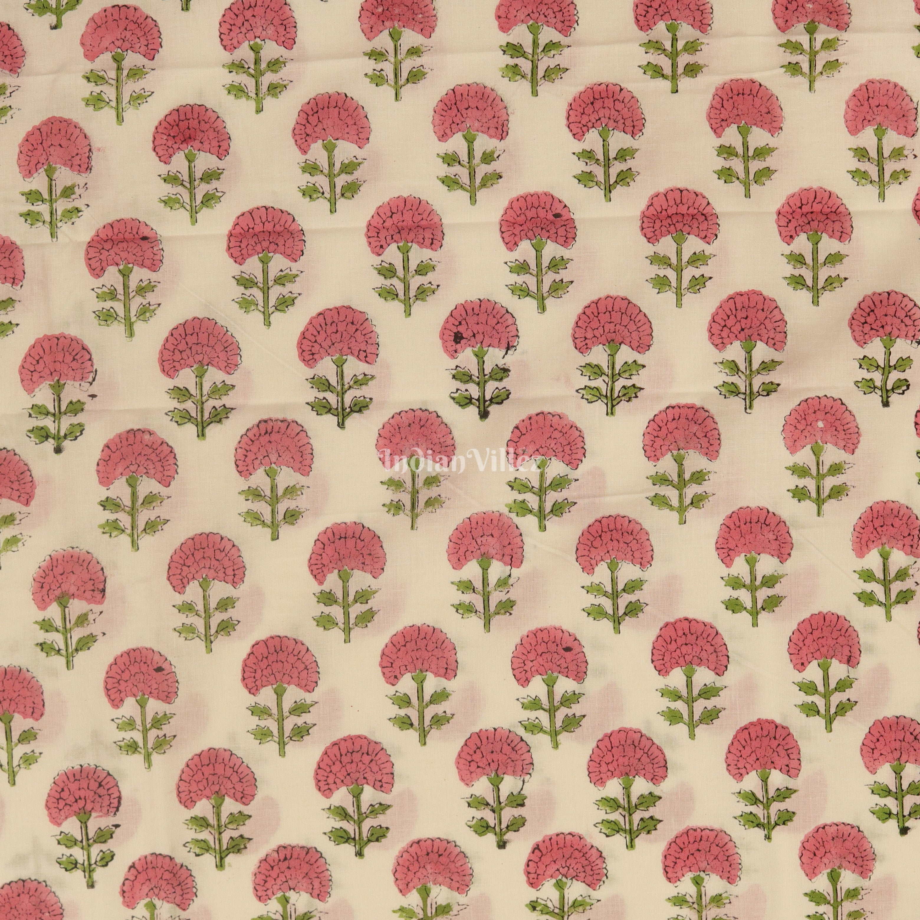 White Pink Flower Motif Hand Block Printed Cotton Fabric