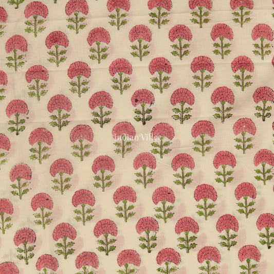 White Pink Flower Motif Hand Block Printed Cotton Fabric