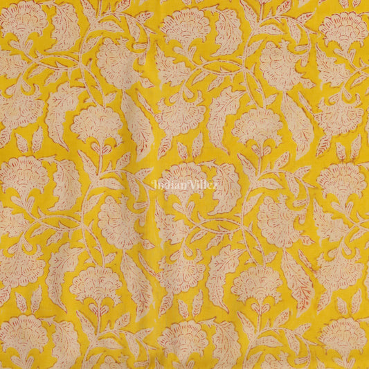 Yellow White Flower Motif Hand Block Printed Cotton Fabric