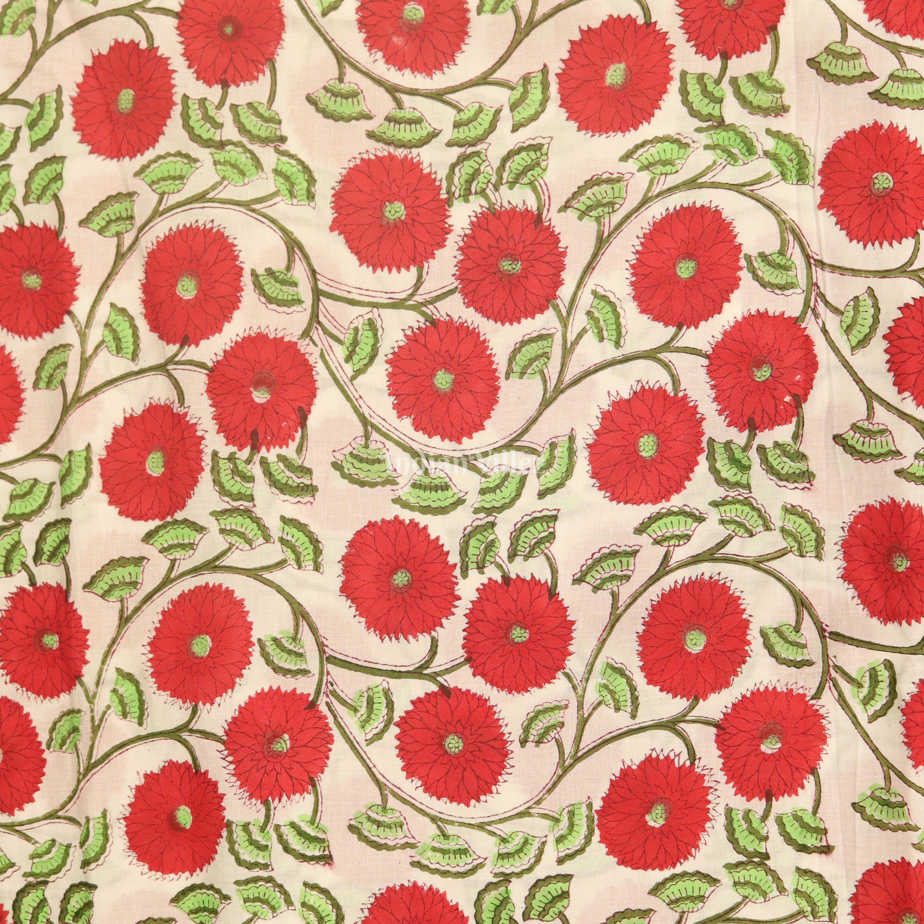 Red White Flower Motif Hand Block Printed Cotton Fabric