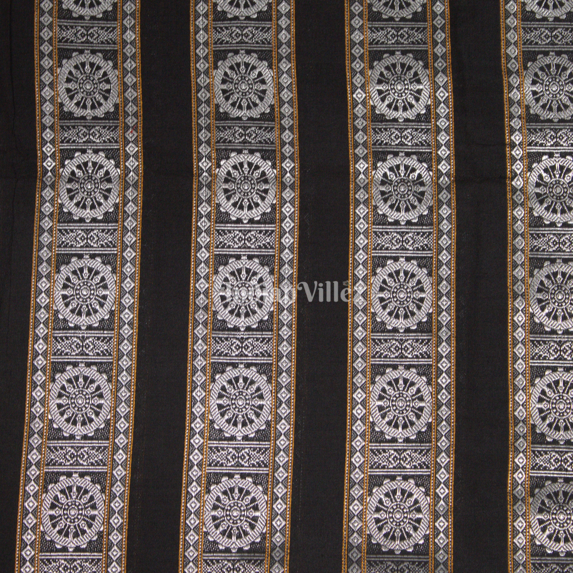 Black Konark Chakra Theme Odisha Ikat Cotton Fabric