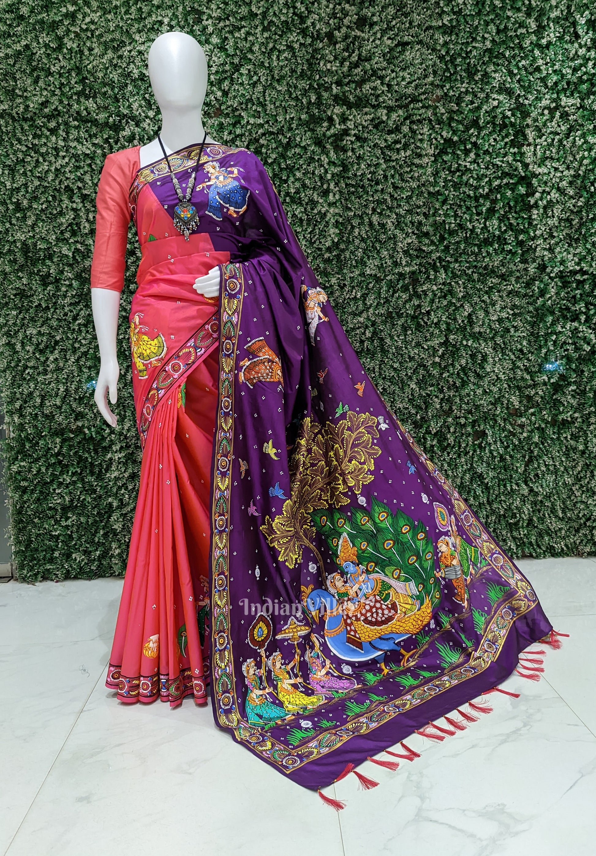 Purple Red Rasaleela Theme Hand-Painted Pattachitra Saree