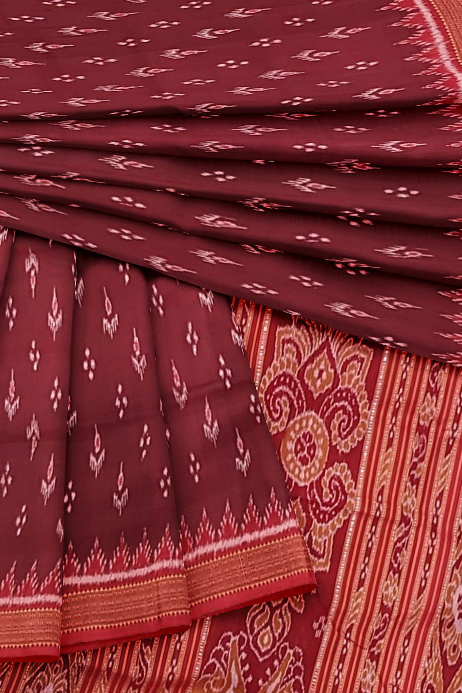 Maroon Red Mayur Chandrika Odisha Ikat Khandua Silk Saree