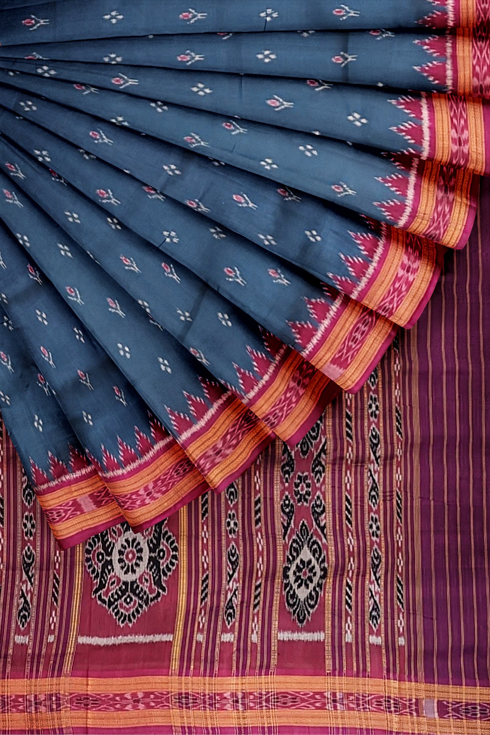 Steel Blue Mayur Chandrika Odisha Ikat Khandua Silk Saree