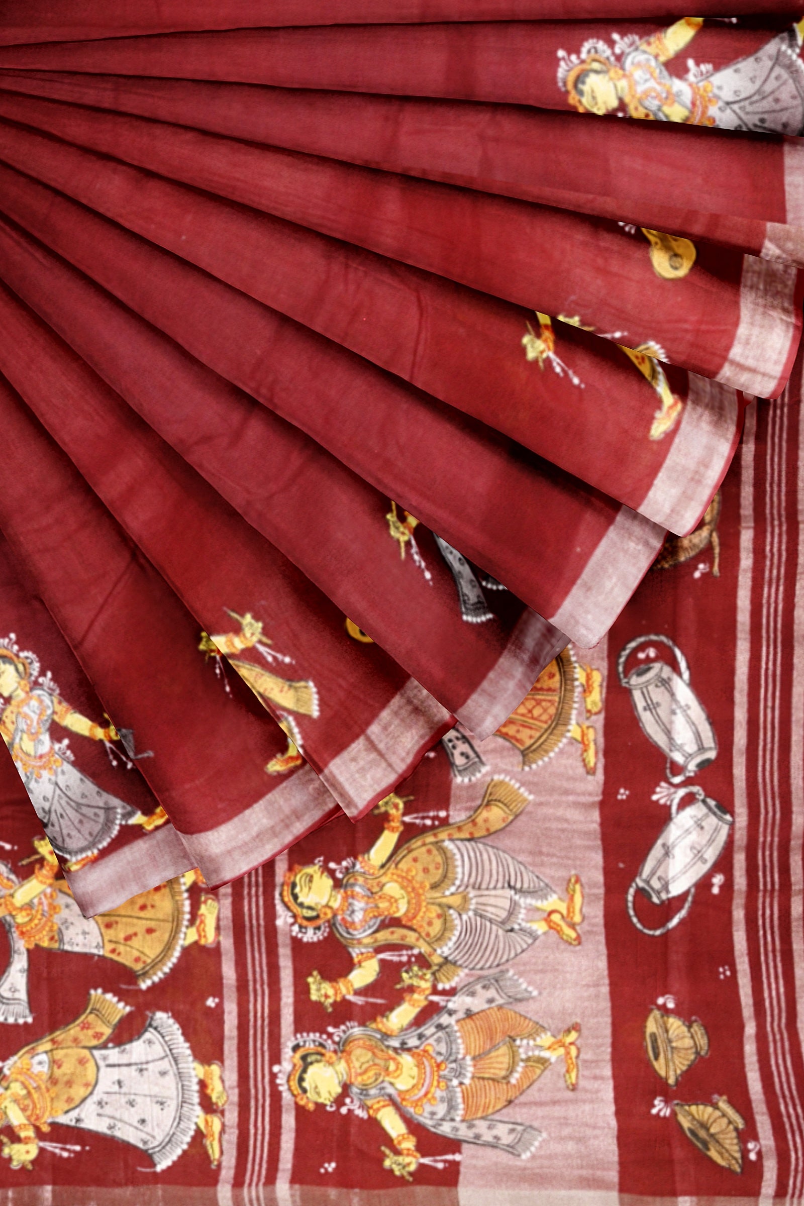 Maroon Nartaki Theme Hand-Painted Pattachitra Saree