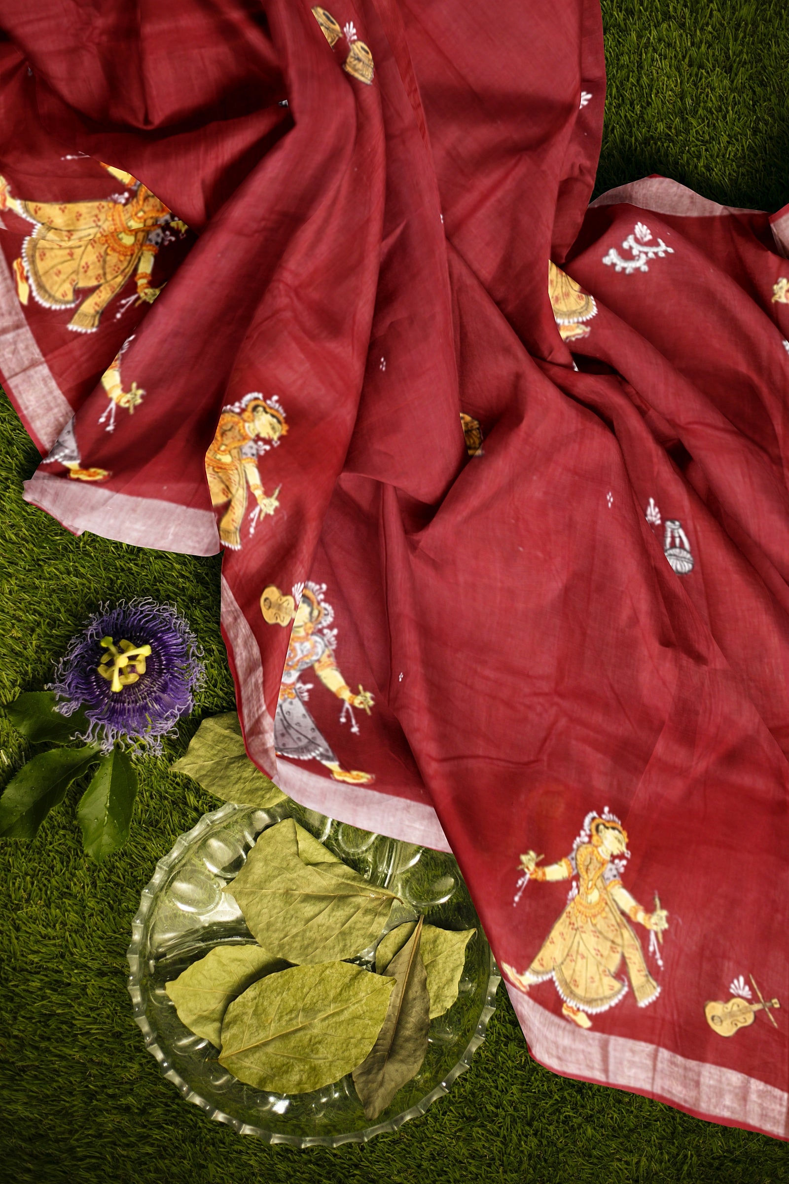 Maroon Nartaki Theme Hand-Painted Pattachitra Saree