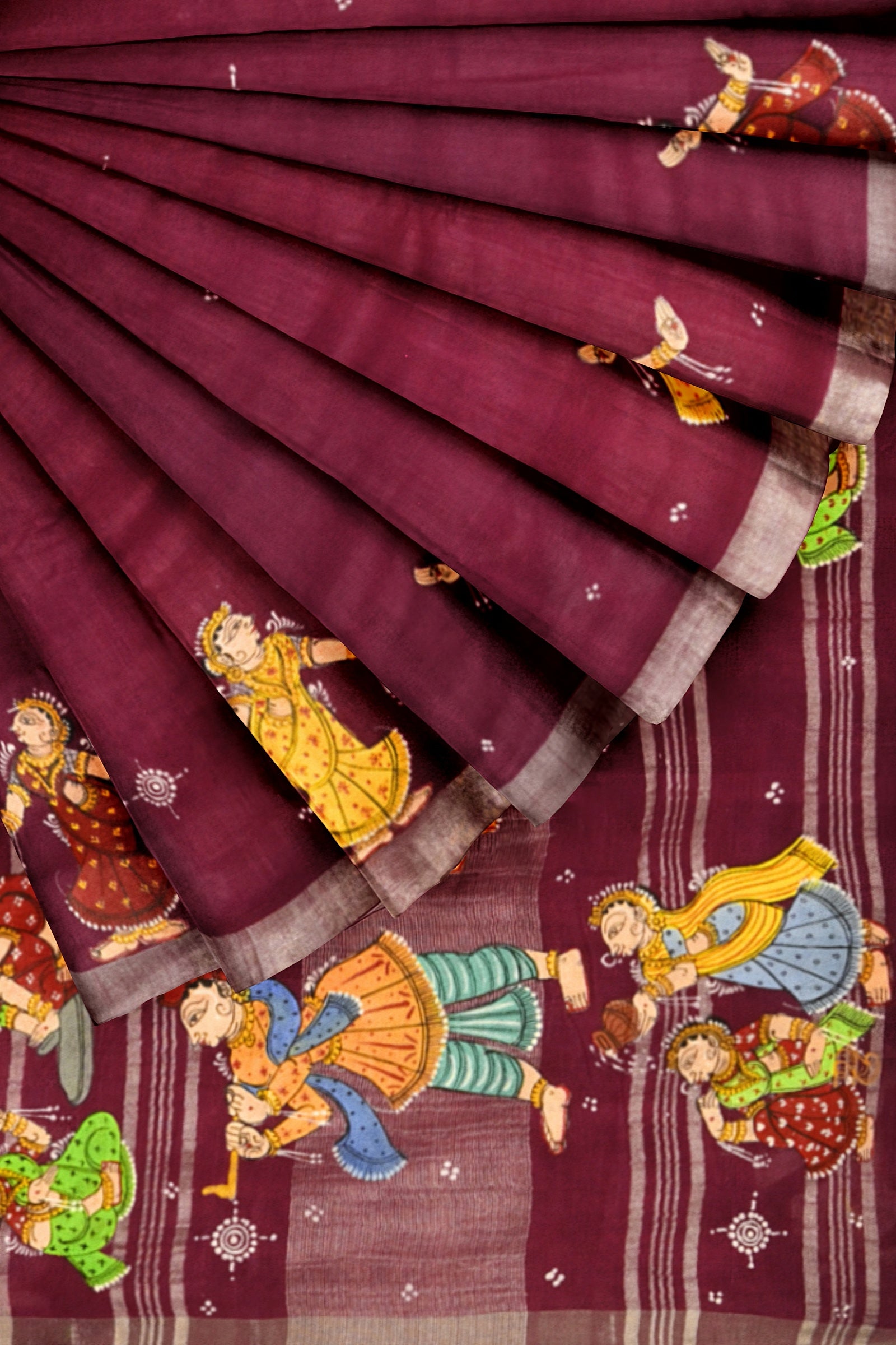 Magenta Doli Barat Theme Hand-Painted Pattachitra Saree