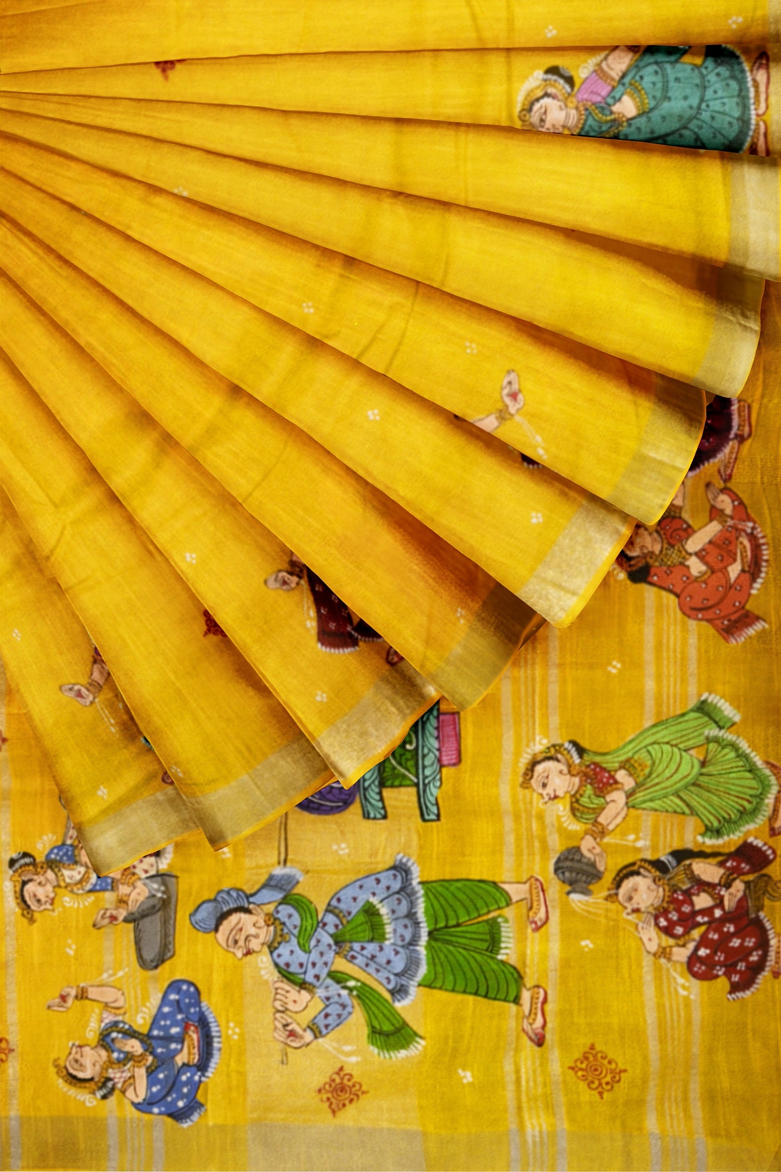 Yellow Palki Theme Hand-Painted Pattachitra Saree