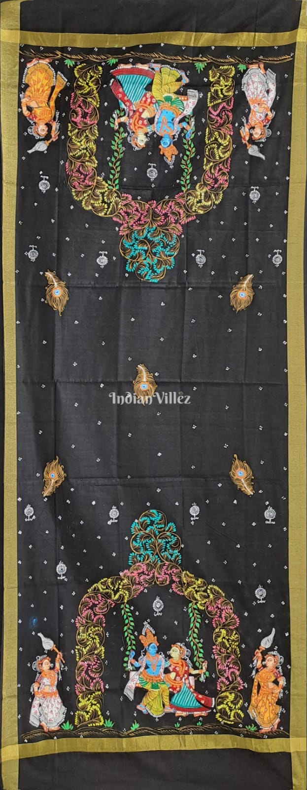 Black Radha Krishna Theme Pattachitra Art on Chanderi Dupatta