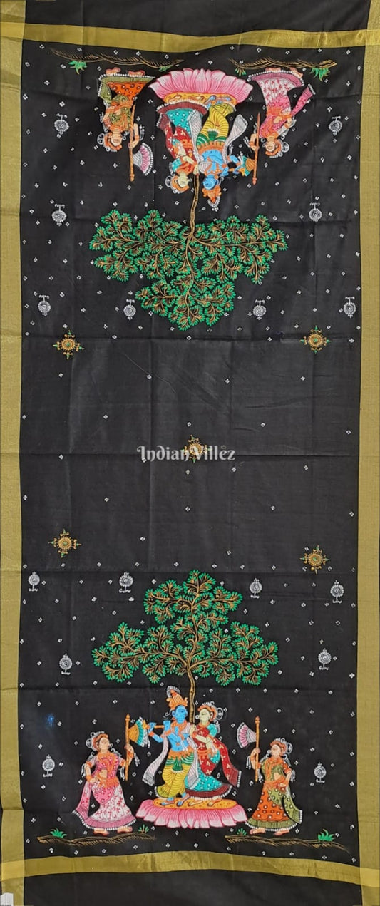 Black Radha Krishna Pattachitra Art on Chanderi Dupatta