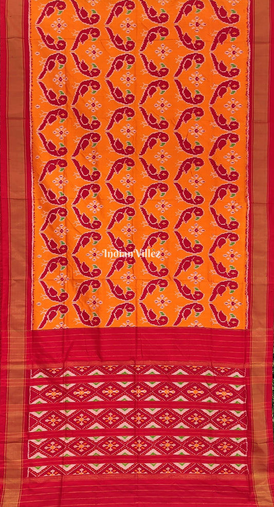 Orange Red Parrot theme Pochampally Ikat Silk Saree