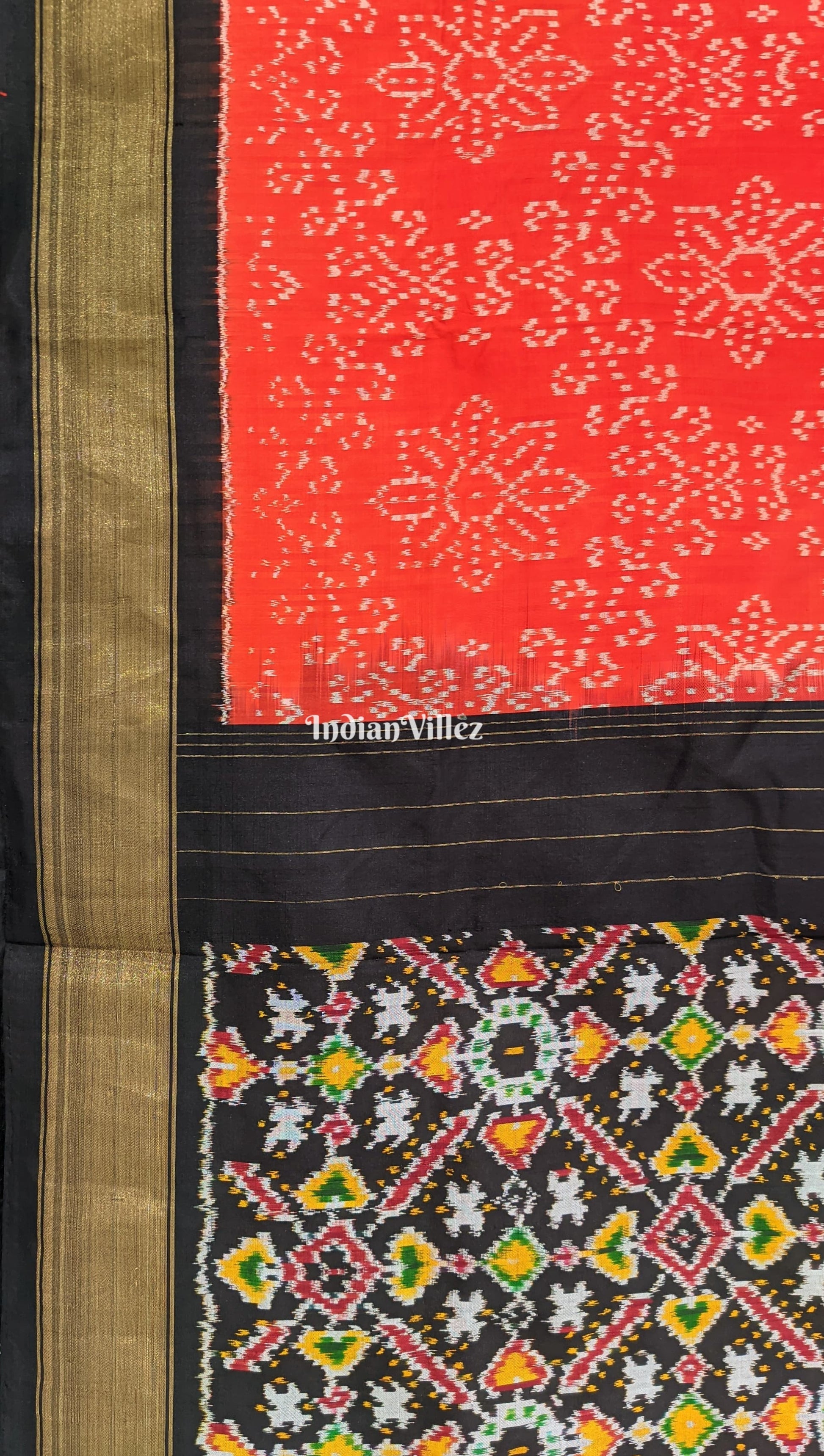 Orange Floral Design Pochampally Ikat Silk Saree