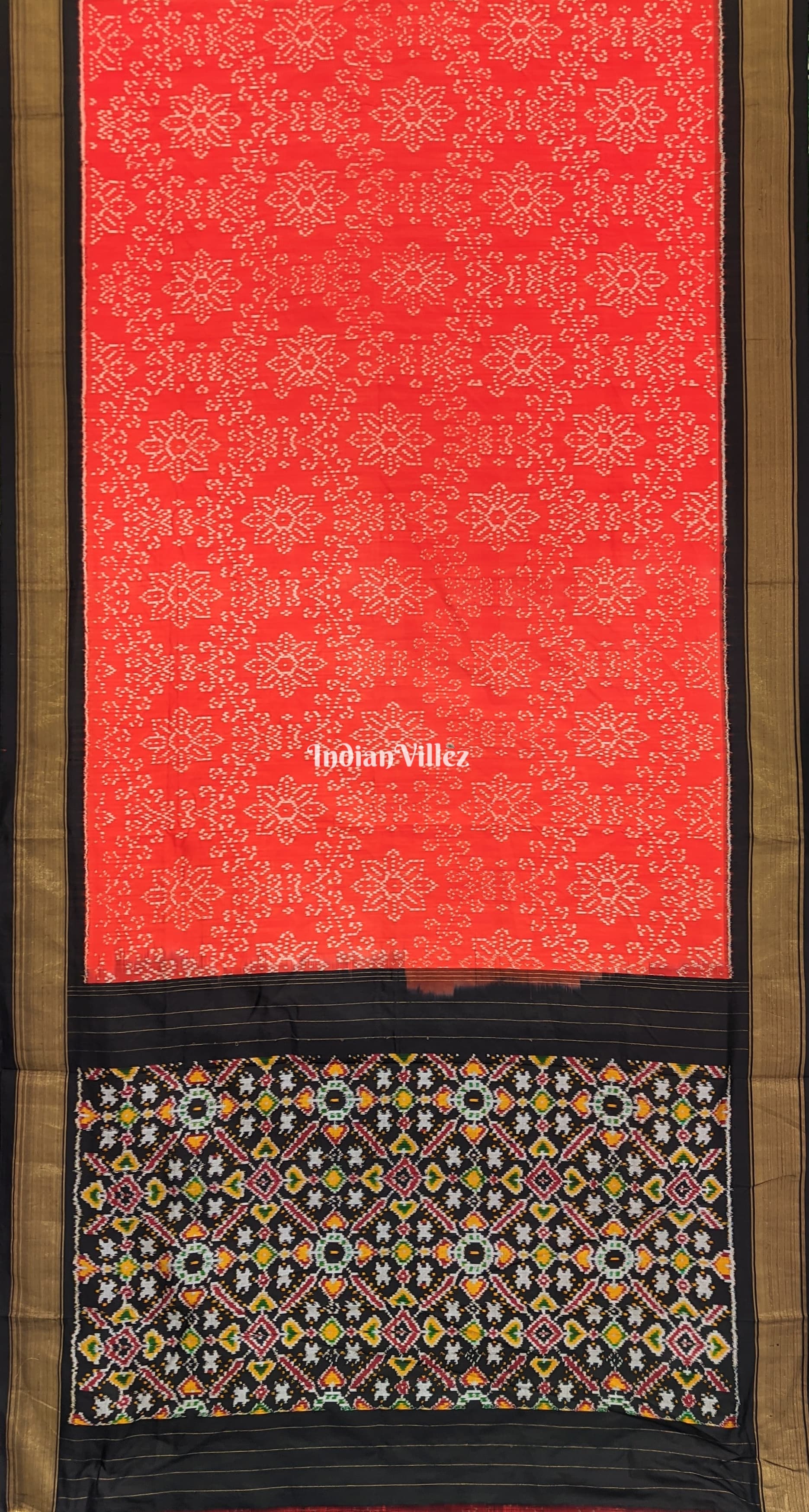 Orange Floral Design Pochampally Ikat Silk Saree