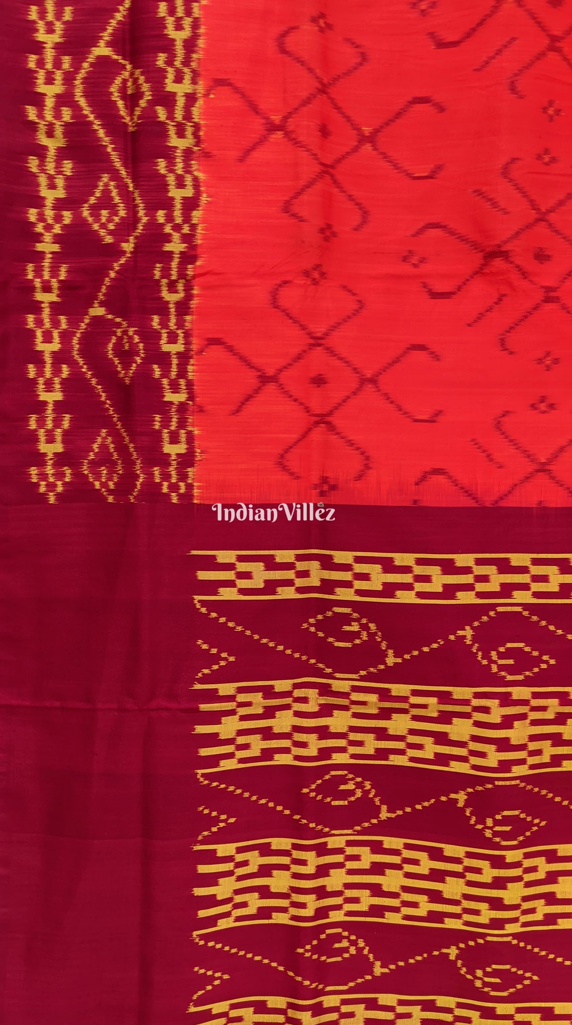 Orange maroon border Pochampally Ikat Silk Saree