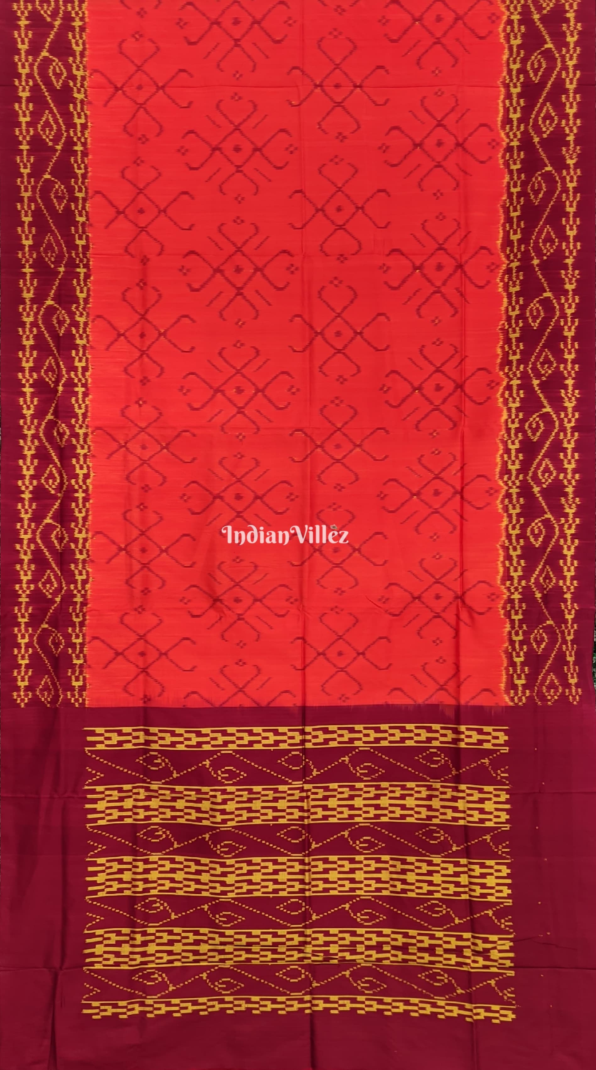 Orange maroon border Pochampally Ikat Silk Saree