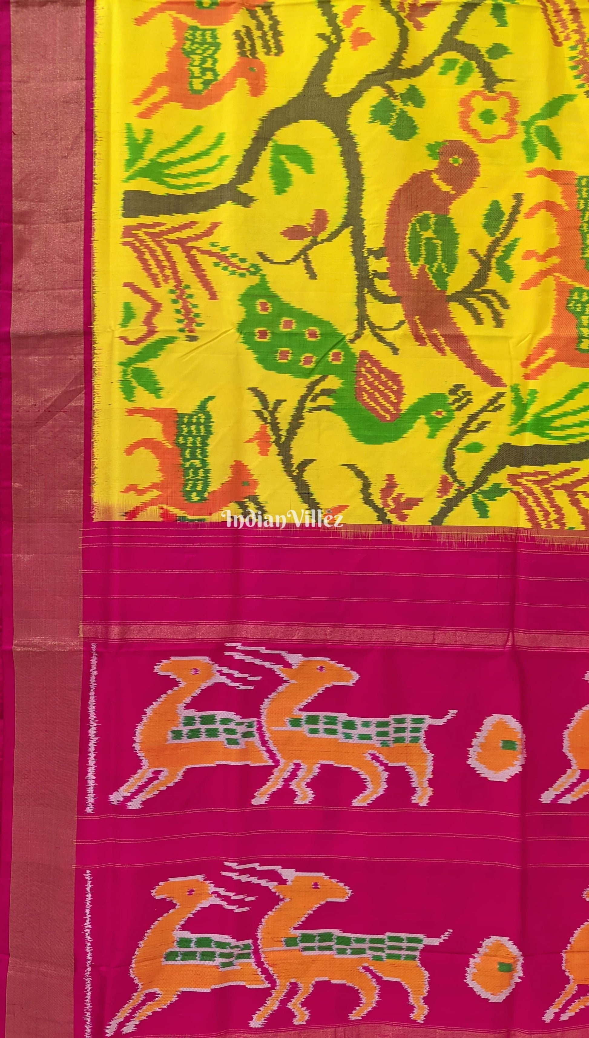 Yellow Red parrot Design Pochampally Ikat Silk Saree