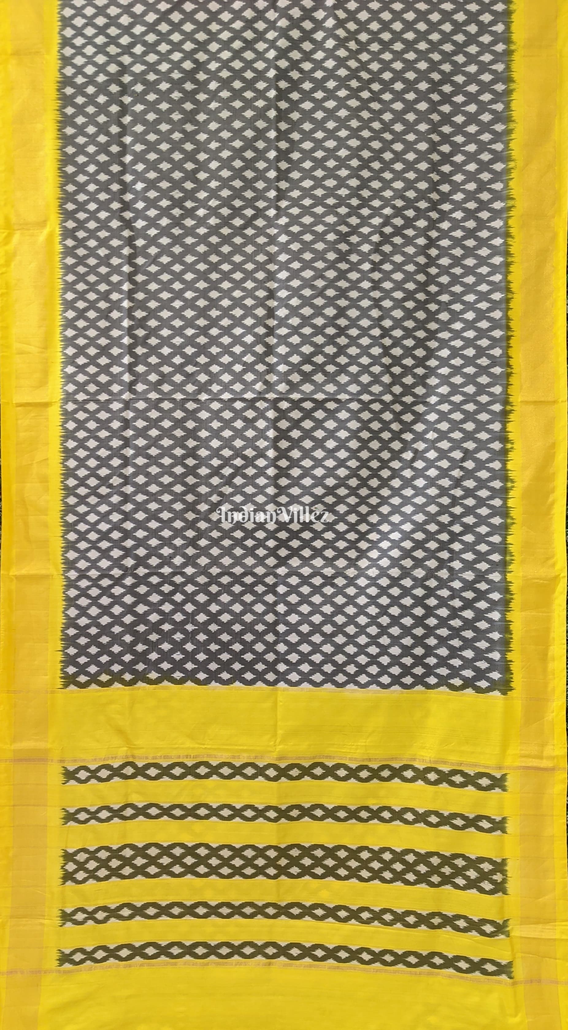 Jet Black Yellow Border Pochampally Ikat Silk Saree